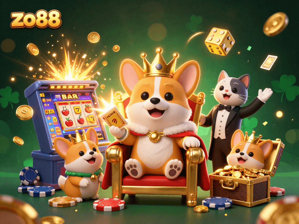 Experience the excitement of zo88 with a royal corgi surrounded by jackpot elements and colorful casino features.