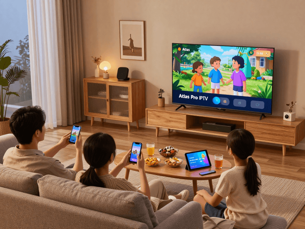 Famille utilisant Atlas Pro pour une expérience IPTV premium à la maison
