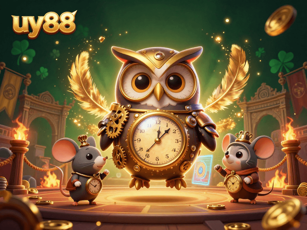 Engage in thrilling fishing action with uy88, featuring a cartoon owl and a mouse in a steampunk casino.