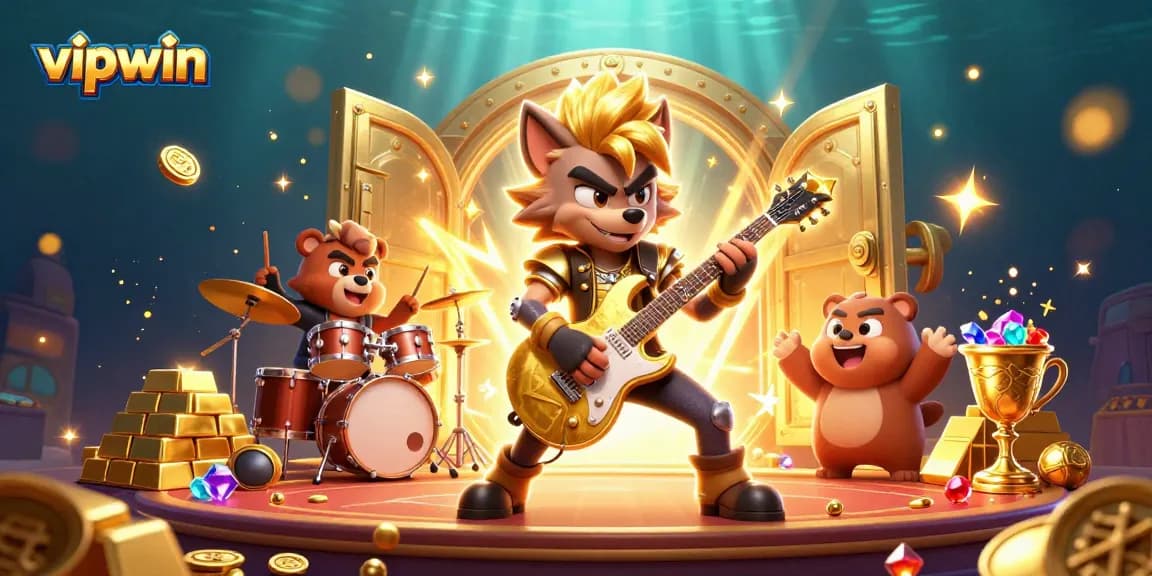 Experience thrilling wins at vipwin with rock star wolf and drummer bear in vibrant casino action!