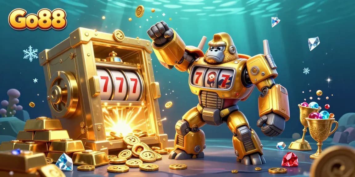 Experience the excitement of Go88 casino gaming with an explosive golden gorilla mech and gems.