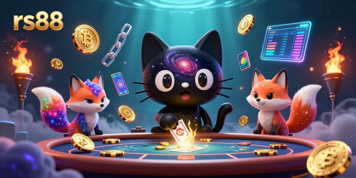 Experience thrilling gaming at rs88 with a cosmic cat and fox in a vibrant casino illustration.