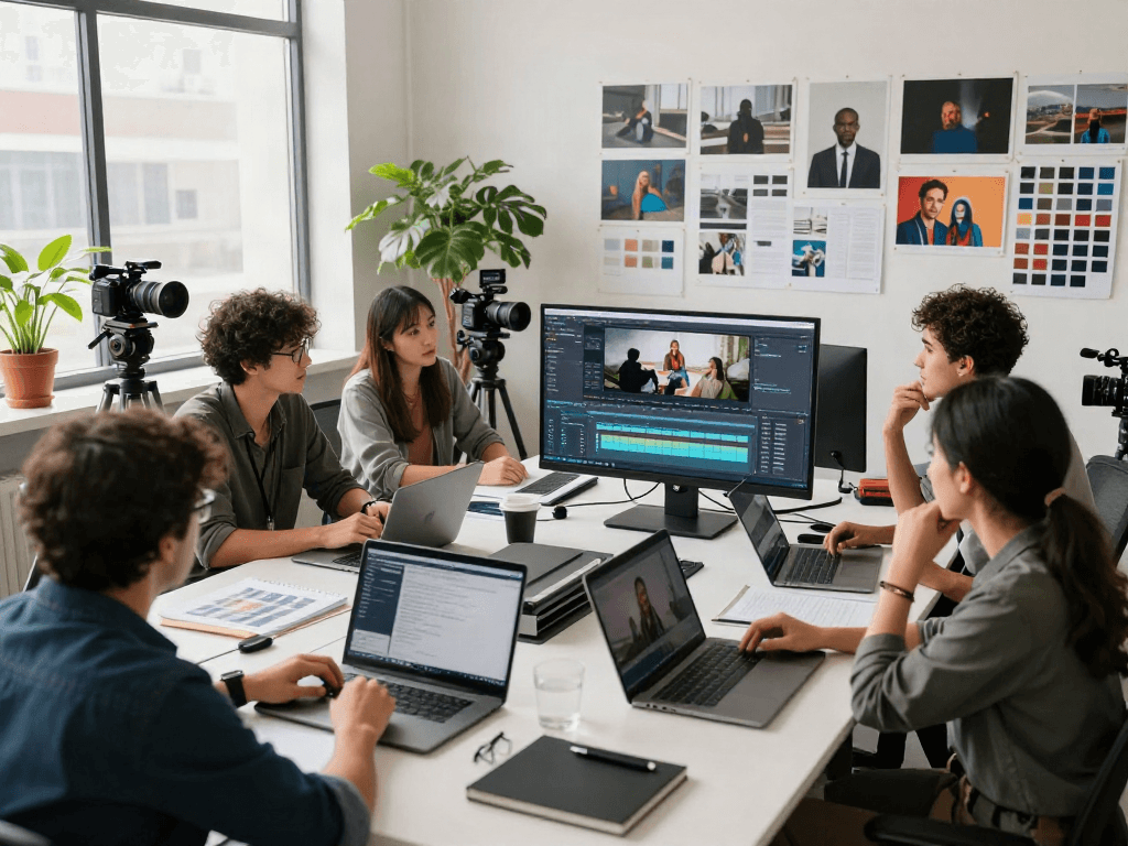 Équipe créative en studio vidéo collaborant sur un projet Iron TV, ambiance inspirante.
