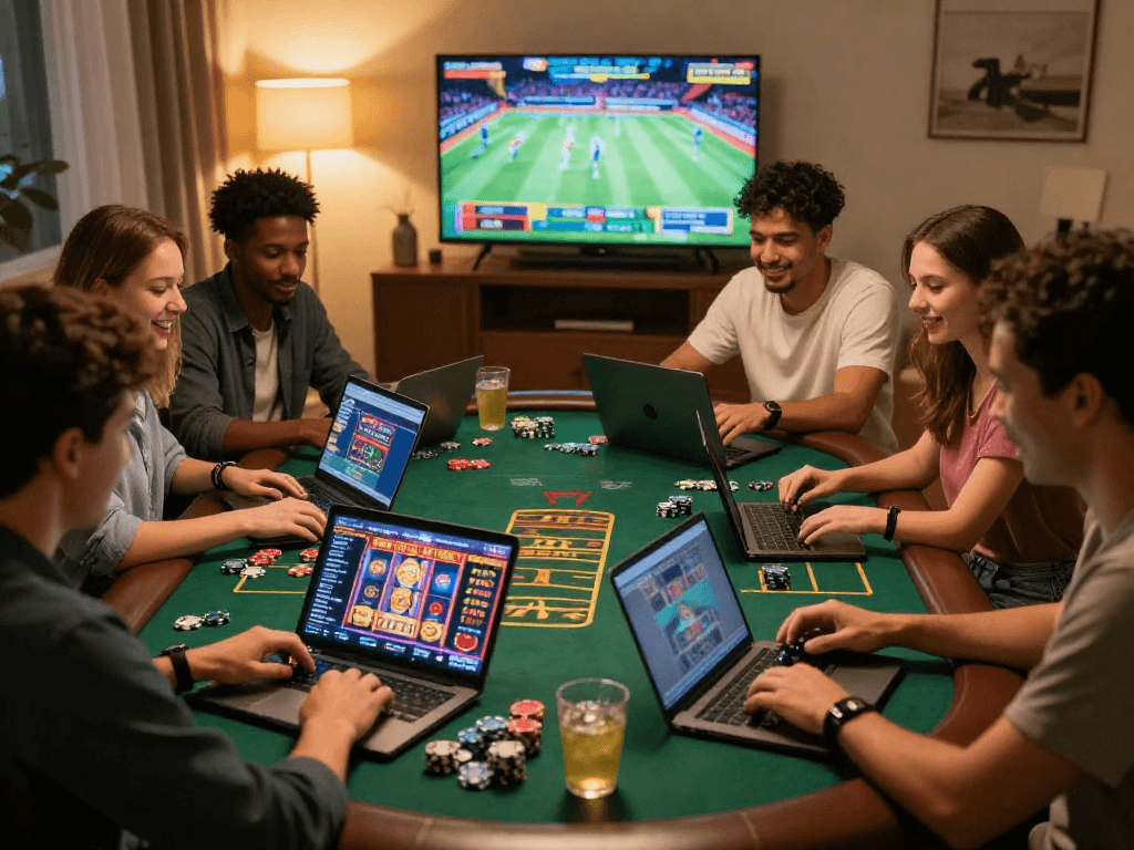 Groupe d'amis jouant au casino en ligne avec des jeux variés autour d'une table animée.