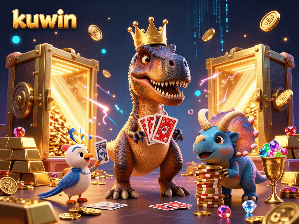Kuwin offers exciting casino adventures featuring a T-Rex and friends in a card game scene.