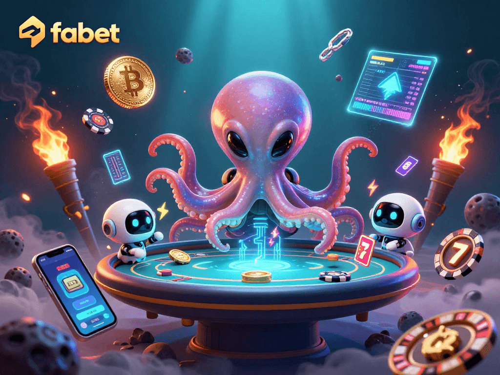 Engage in thrilling gambling fun with fabet's alien octopus at a cosmic poker game, featuring neon crypto elements.
