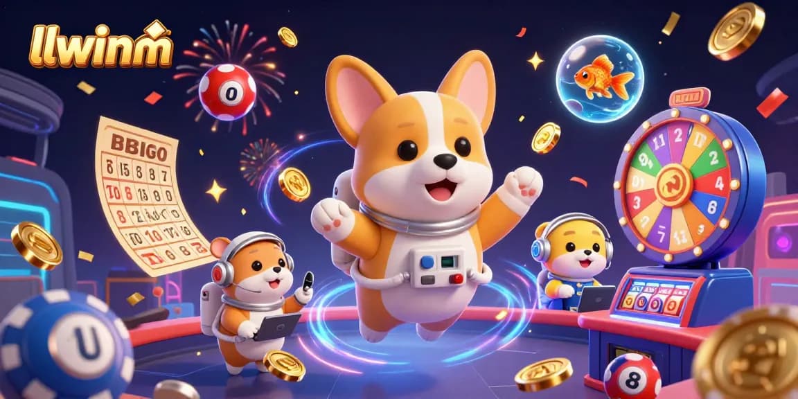 Engage in gaming excitement at llwinm with outlined visuals of animated characters, casino elements, and floating lottery balls