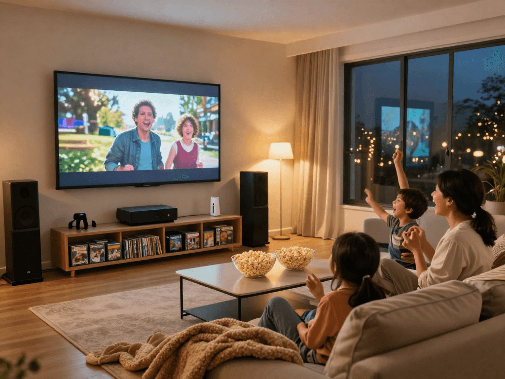 Family enjoying Iron tv movie night in a cozy home theater setup.