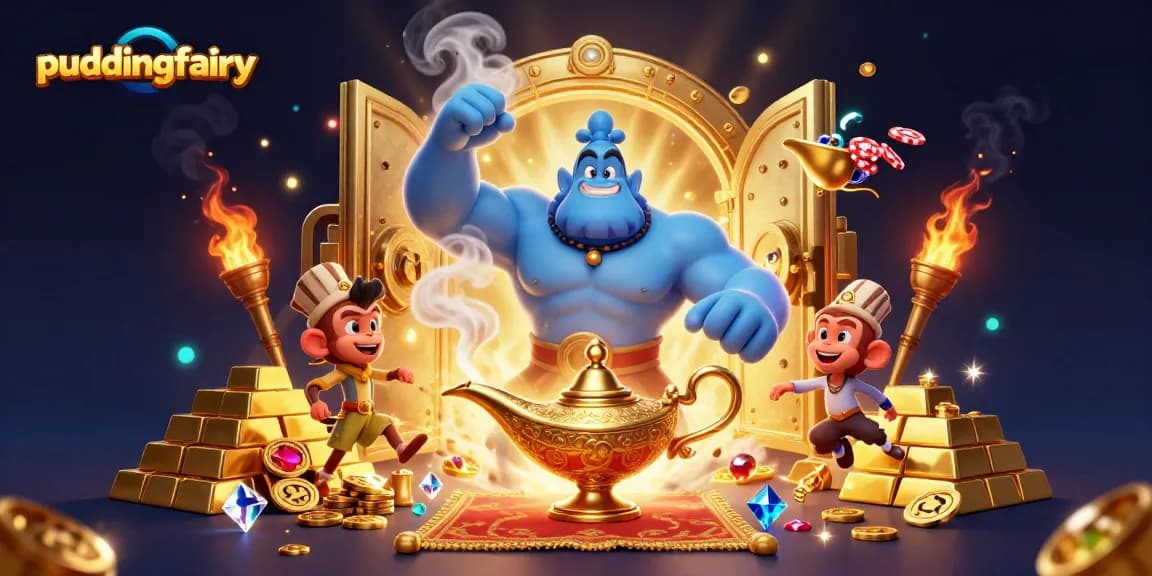 Engage with puddingfairy through an exhilarating game scene featuring a blue genie and gaming elements.