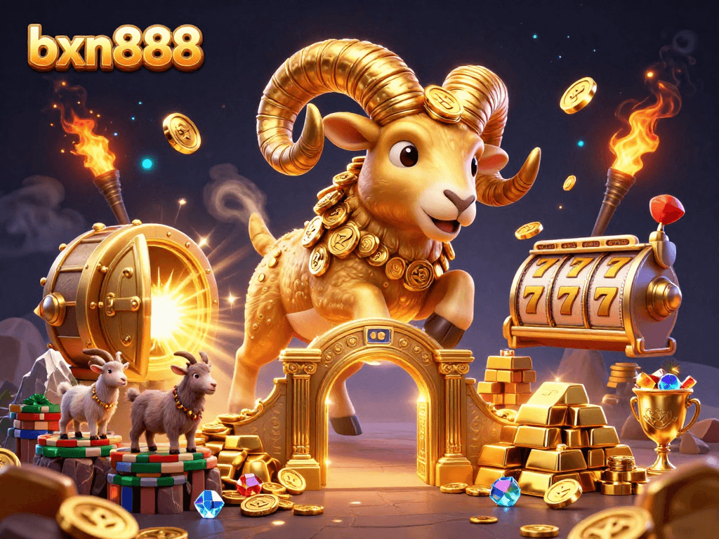 bxn888 celebrates wins with golden treasures and vibrant jackpot scenes in a captivating casino illustration