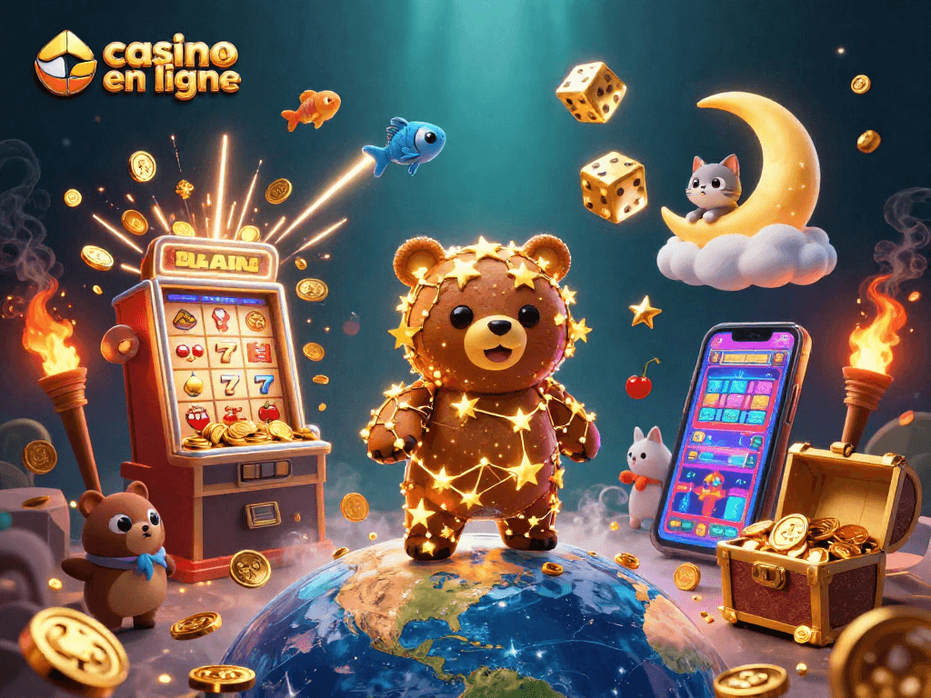 Un ours constellation en ligne récolte des pièces d'un casino en ligne richement illustré.