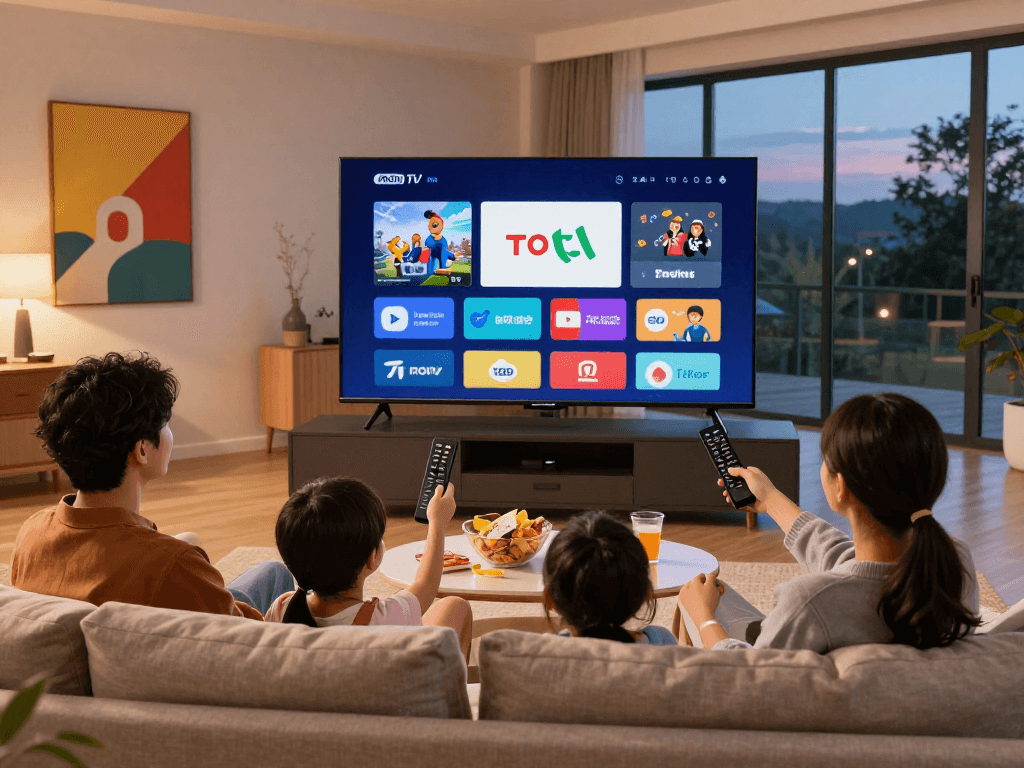 Famille profitant d'Iron tv pro sur grand téléviseur avec ambiance chaleureuse.