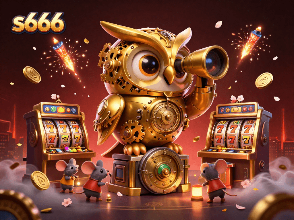 s666 captivating image showcasing a golden owl surveying a busy casino floor with dynamic game elements.