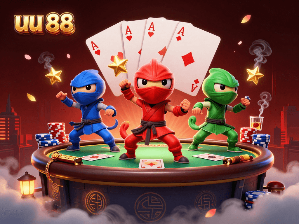 Experience thrilling moments at uu 88 with poker tables and colorful chameleon ninjas battling it out.