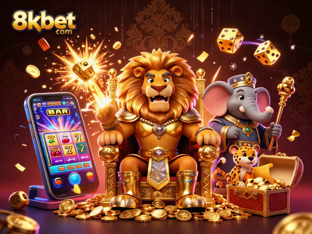 Engage with thrilling games at 8xbet com featuring a lion king, elephant advisor, and cheetah messenger.