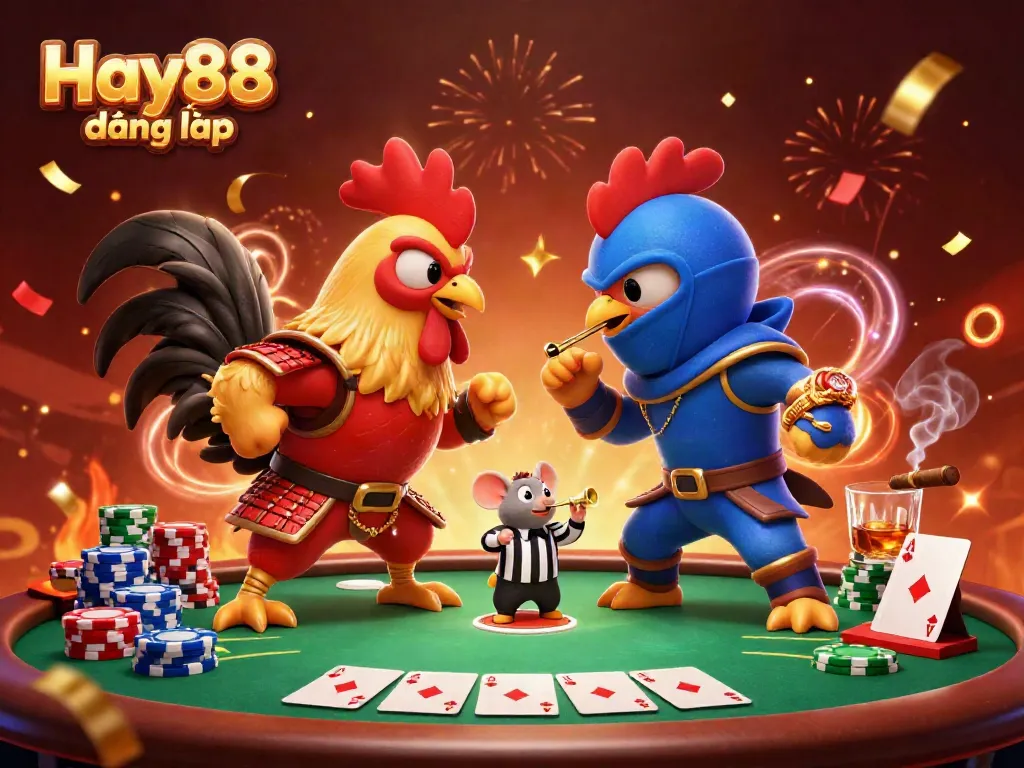 Engage in action at Hay88 đăng nhập with dynamic casino scene showcasing playful roosters in poker showdown.