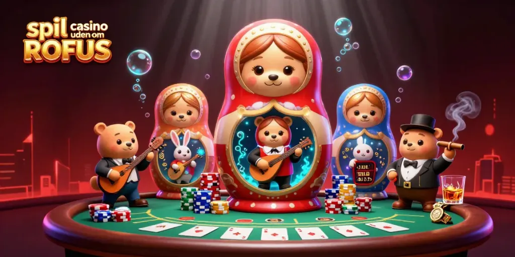 Engage in spil casino uden om ROFUS with vibrant gambling characters and elements in this dynamic 3D illustration.