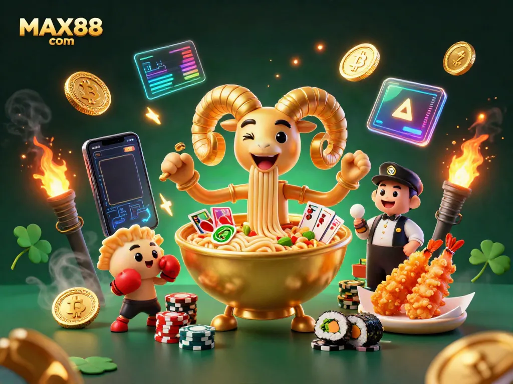 Exciting scene with MAX88 com featuring a golden ramen bowl character and dynamic casino elements.