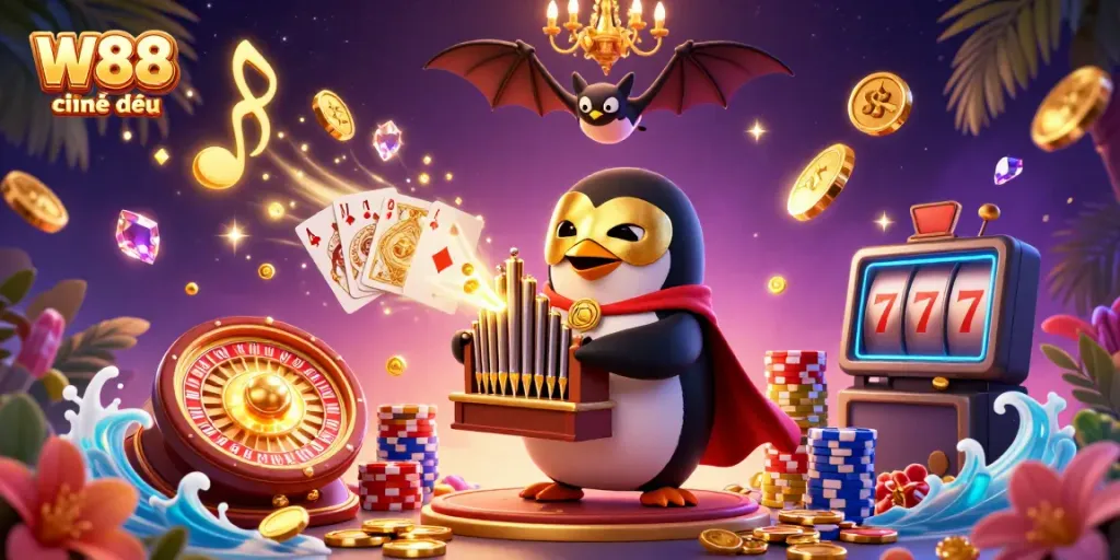 Cascading golden coins and a cartoon penguin define the W88 chính thức online casino experience showcasing lively gaming action.