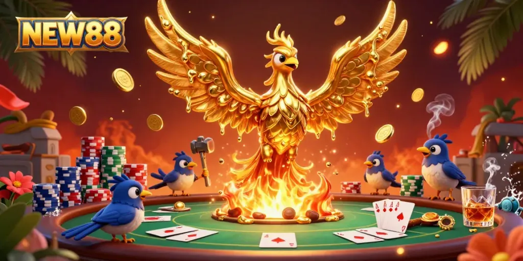 Winning with NEW88 at the casino, featuring a molten gold phoenix and a wealth of gaming elements.
