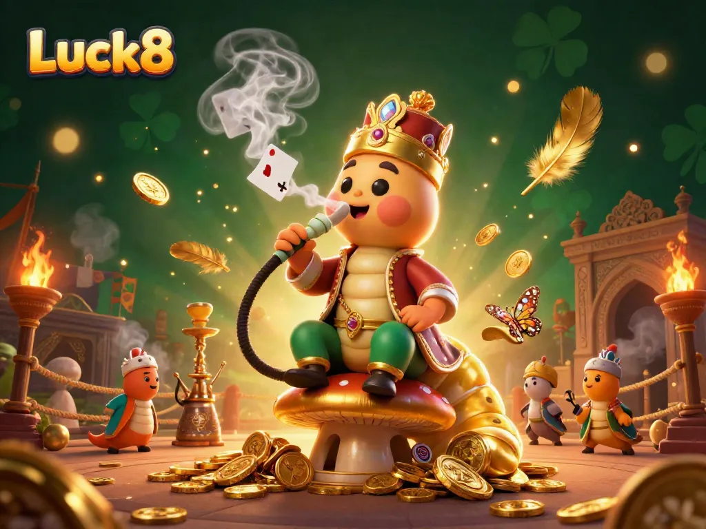 Luck8 illustrates an exciting gambling scene with vibrant casino elements and a whimsical caterpillar character.