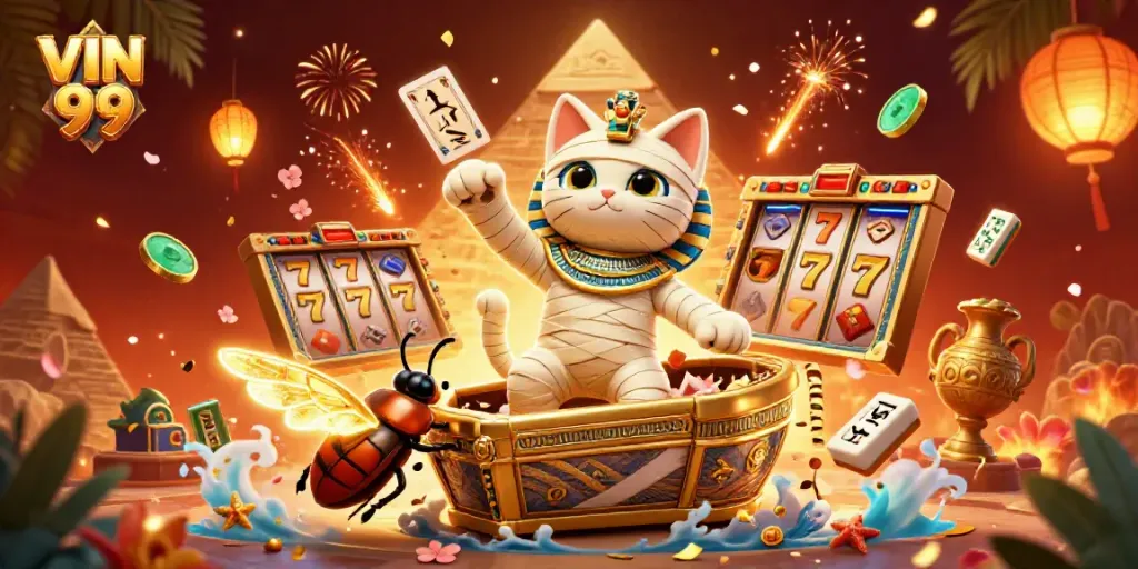 Experience the excitement of VIN 99 with a dynamic scene showcasing a mummy cat and casino elements