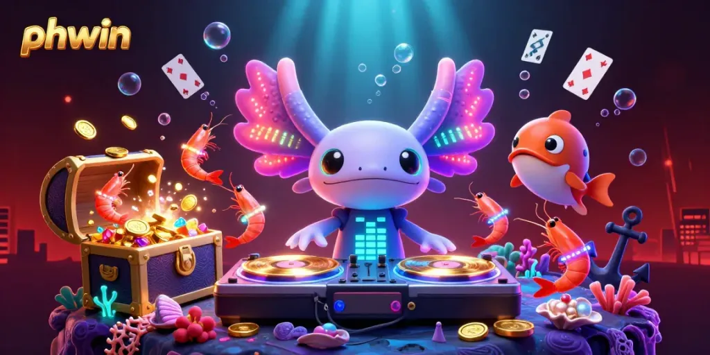 Experience exhilarating gameplay with phwin at this vibrant underwater casino, featuring an axolotl DJ and dancing sea creatures.