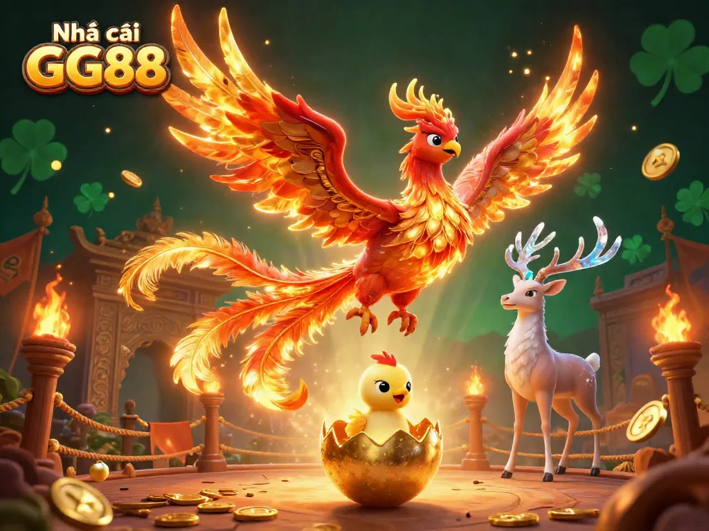 Engage in thrilling gameplay at Nhà cái GG88 with spectacular visuals featuring phoenix characters amidst vibrant casino elements.