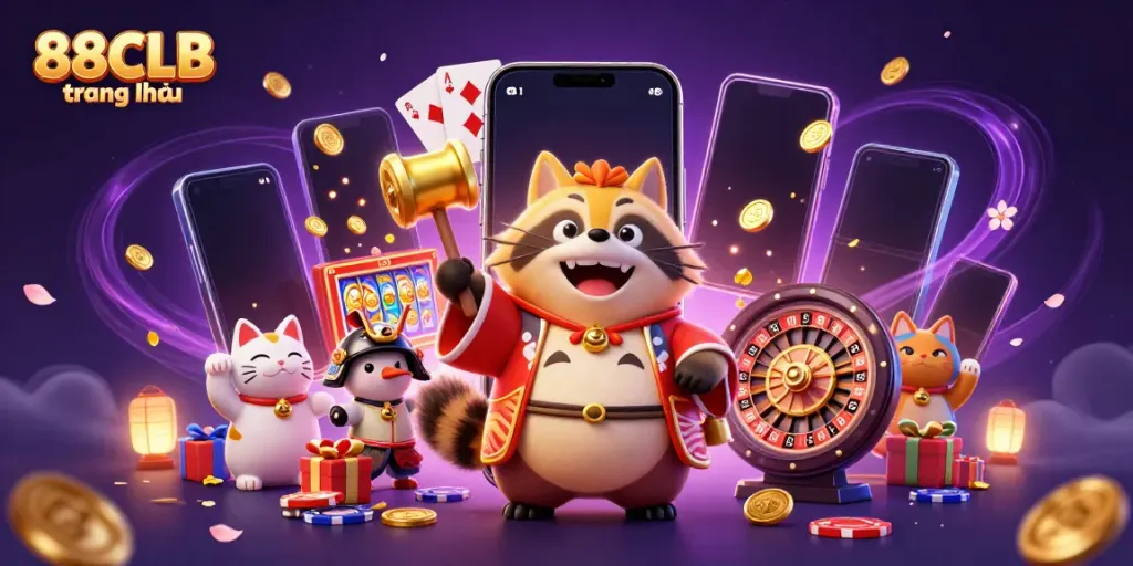 Enjoy the vibrant action at 88CLB trang chủ with a cheerful tanuki and colorful game elements