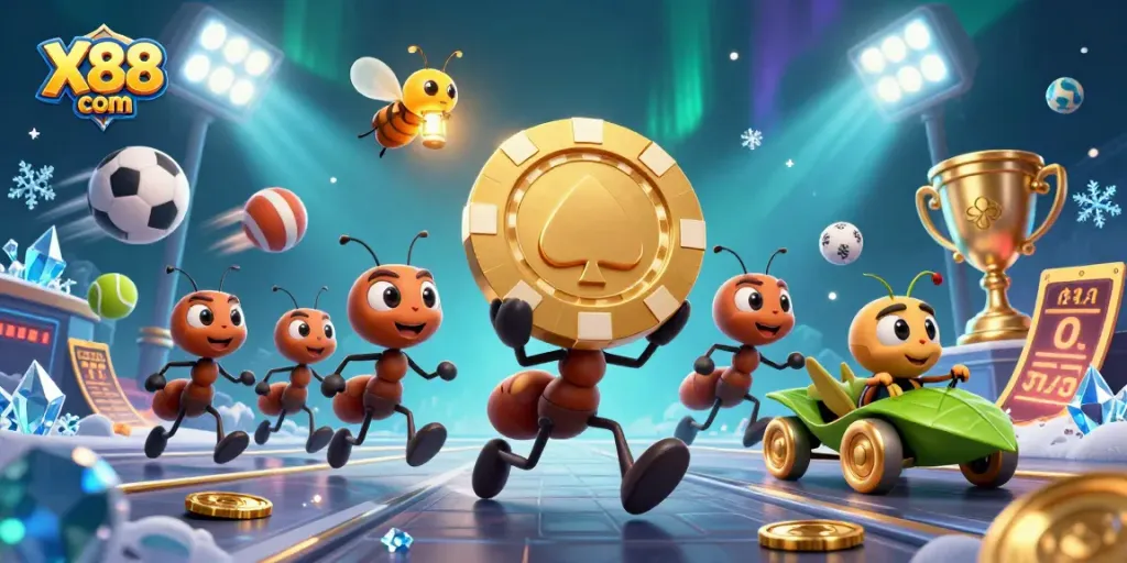 X88 com showcases a thrilling adventure with ants heisting a giant poker chip, surrounded by dynamic sports elements.