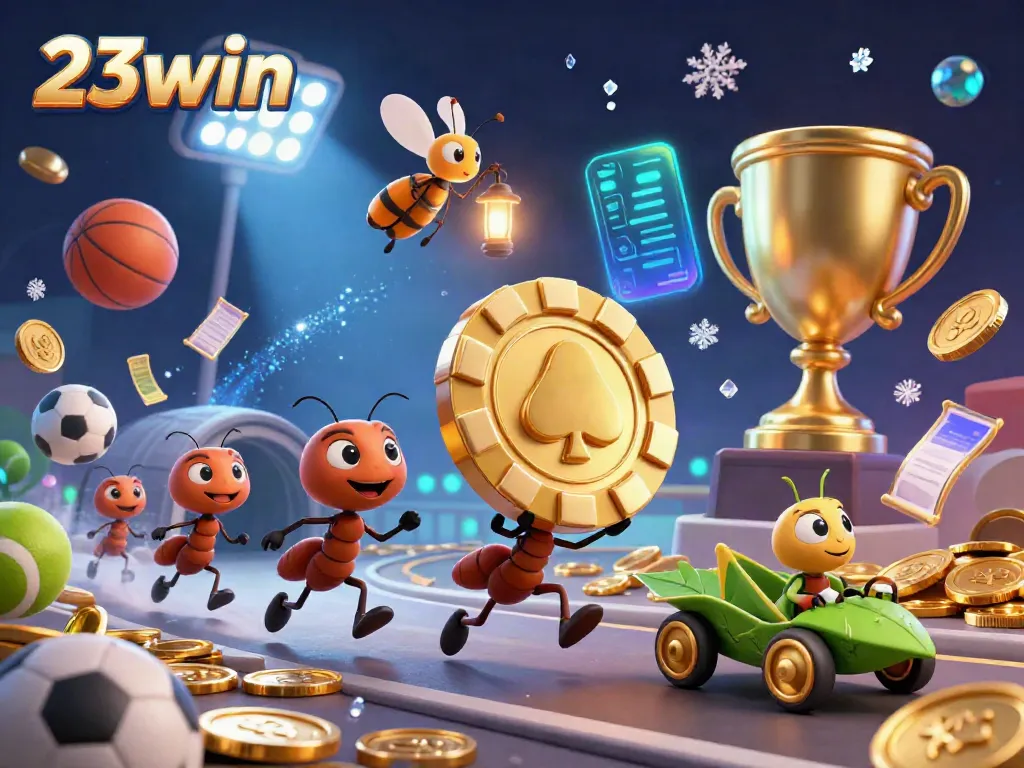 Experience the thrilling heist action of 23win through charming ant characters carrying a massive poker chip.