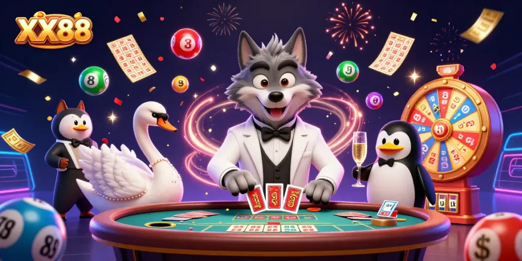 Engage in the thrilling world of XX88 with dynamic casino atmosphere and vibrant characters.