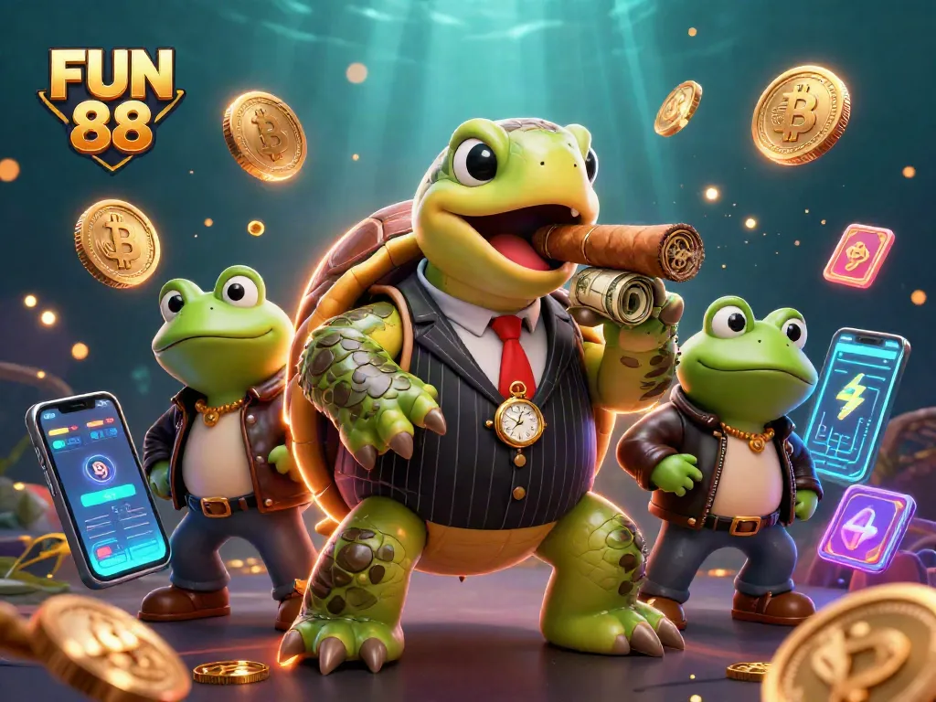 Engage in FUN 88's thrilling casino experience with vibrant characters and crypto elements.