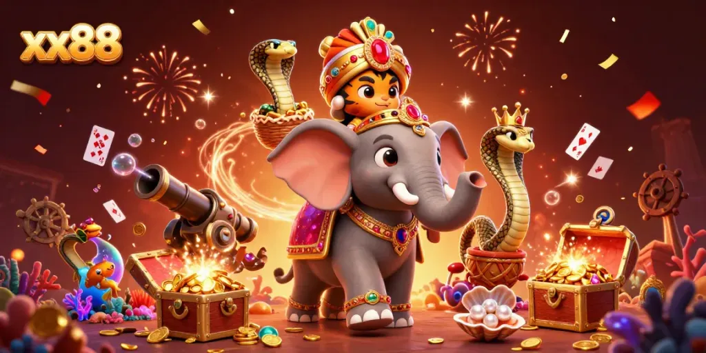 Experience thrilling gameplay with xx88's vibrant casino adventures featuring a maharaja tiger and treasure.
