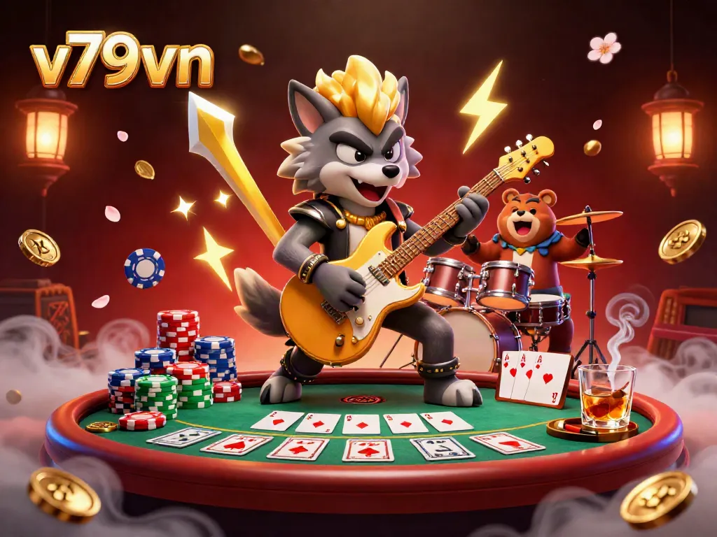 Experience vibrant casino action with v79vn as a rock star wolf and a drummer bear energize the stage.