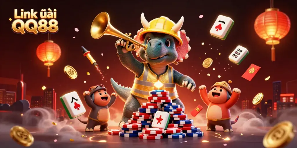 Engage in thrilling gameplay at Link vào QQ88 with a vibrant 3D casino illustration full of festive elements.