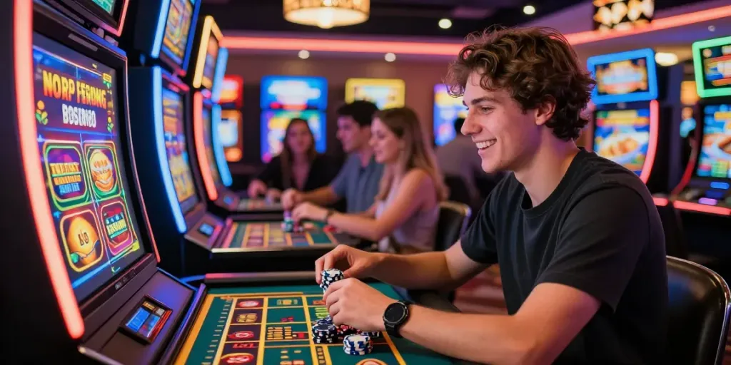 Bonus casino sans dépôt avec un joueur heureux dans un casino en ligne vibrant.