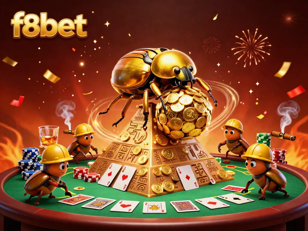 Win big at f8bet with a vibrant casino scene featuring stylized golden beetles and poker elements.