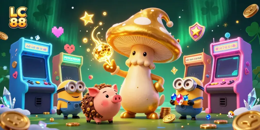 Experience the magic of LC 88 with enchanting characters and dynamic casino elements in a vibrant scene.