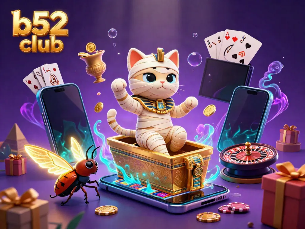 Join the excitement at b52 club as the mummy cat and scarab beetle play in a vibrant casino scene.