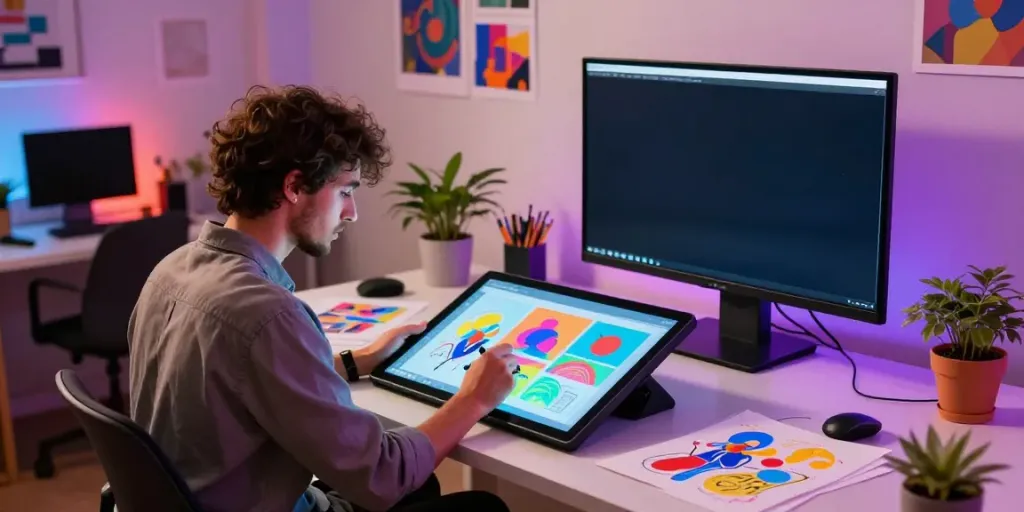 Artist creating NSFW AI visuals in a modern digital art studio