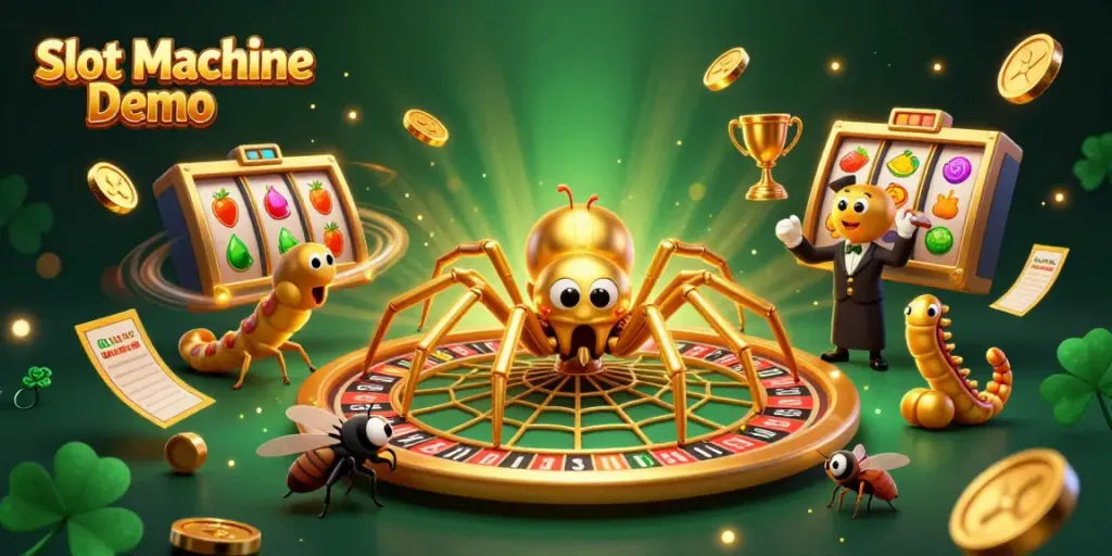 Experience Slot Machine Demo action with a fly placing bets next to a spider and centipede in a vibrant casino scene.