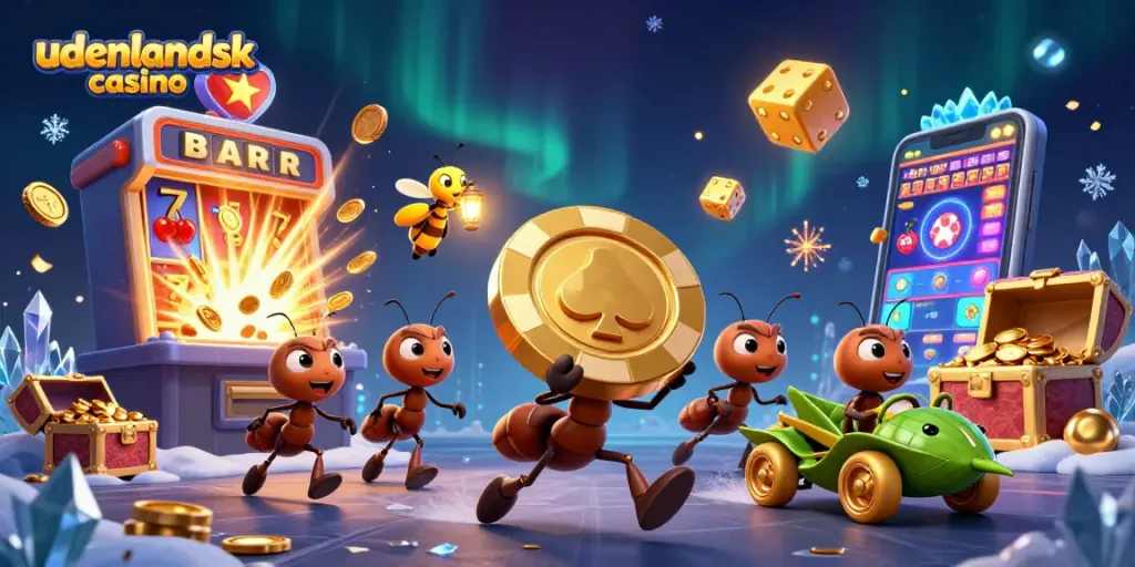 Engage in action at an udenlandsk casino with lively ants, golden poker chip, and a thrilling jackpot.
