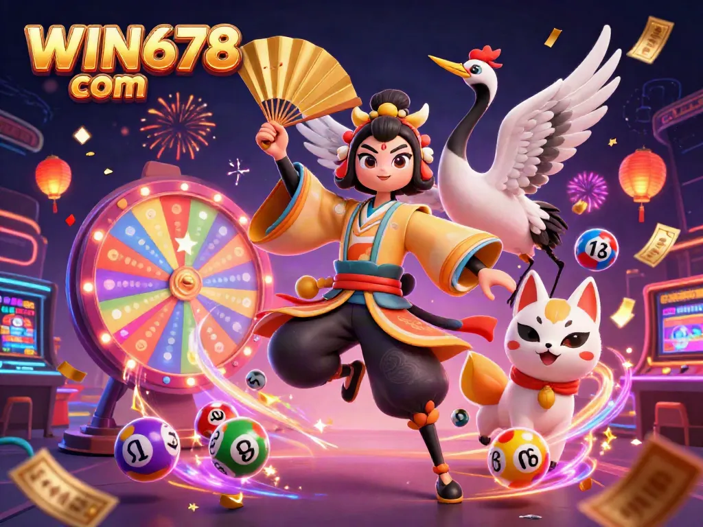 Engage in exciting gambling adventures with WIN678 com at this vibrant casino illustration featuring festive characters.