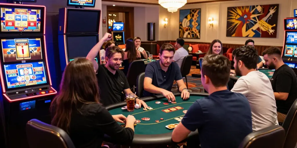 Scène d'un casino en ligne avec des joueurs heureux profitant des jeux, Casino Sans dépôts au centre de l'attention.