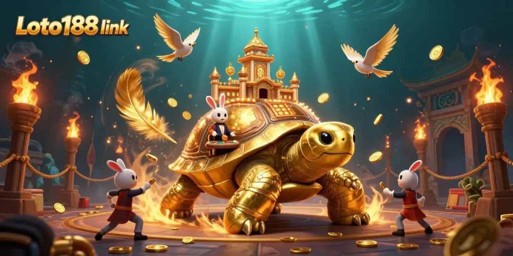 Experience the excitement of Loto188 link with a vibrant casino scene featuring a golden tortoise, rabbit dealer, and golden coins.