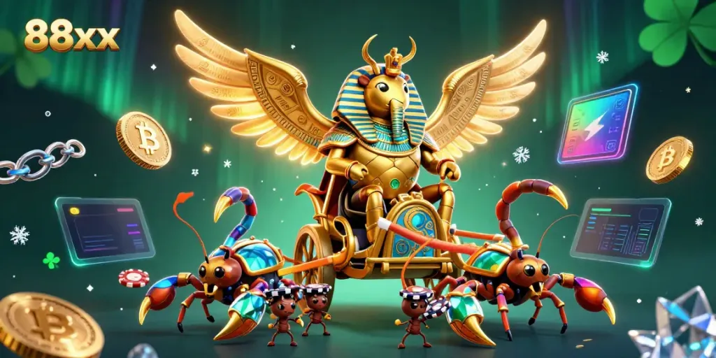 Engage in thrilling games at 88xx with vibrant golden scarabs and scorpions symbolizing luck and wealth.