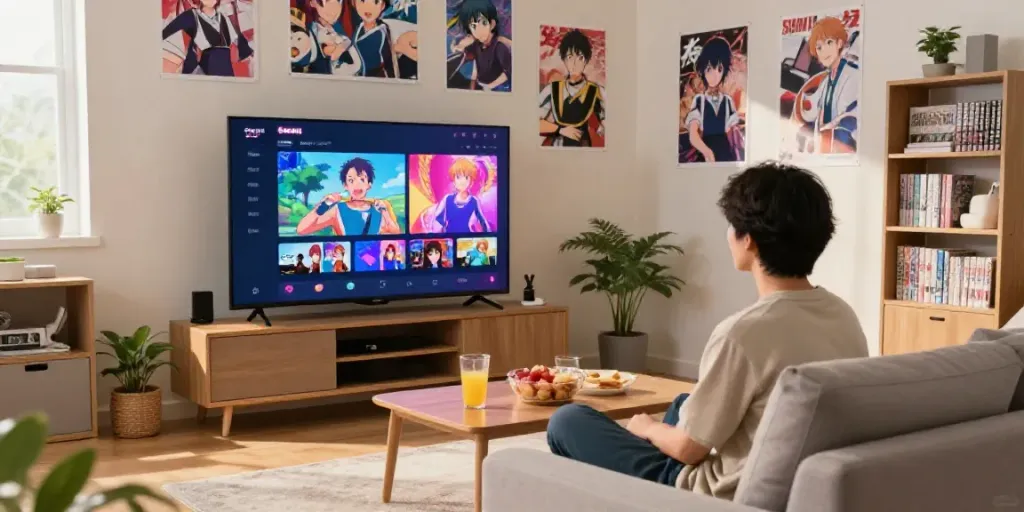 Image d'une personne regardant l'application Senpai Stream dans un salon accueillant, entourée de décorations anime.