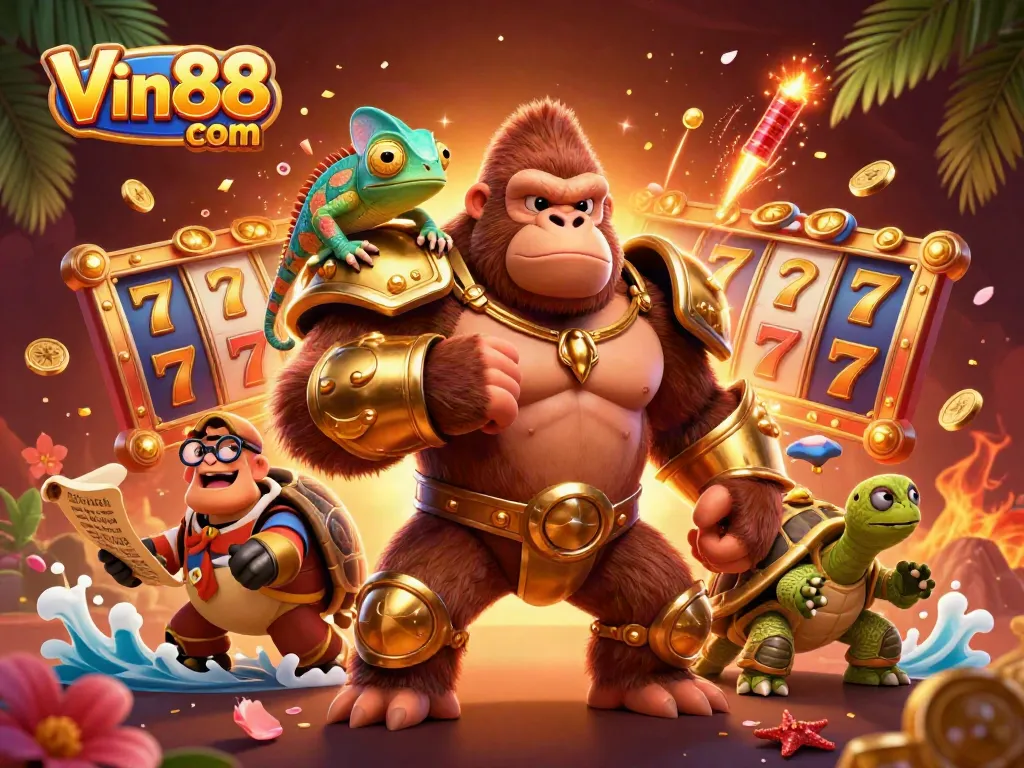 Engage with Vin88 com through an exciting scene of animated characters amidst vibrant casino elements.