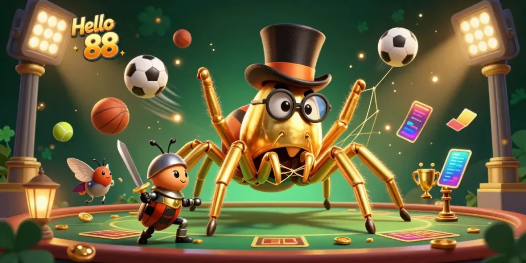 Experience thrilling gameplay at Hello 88 with golden tarantula and beetle knight in dynamic casino scene.